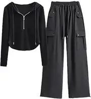 [Generic] Women Hoodies Long Sleeve Zipper Solid Sweatshirts+High Waist Retro Cargo Pants Sets
