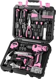 Drill Set: Tool Set with 8V Pink Cordless Drill, Home Tool Kit with Drill 126pcs