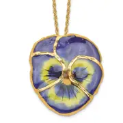 Fashion 24K Gold-Trim Lacquer Dipped Blue Real Pansy With 20 Inch Gold-Tone Necklace