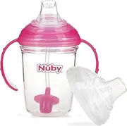 Nuby No Spill 360 Weighted Straw Grip N' Sip Tritan Cup with Hygienic Cover, Pink, 8 Oz, Trainer Cup