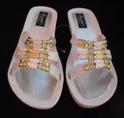 GRANDCO SANDALS White Beach Pool ARIES Wedge SLIDE Beaded DRESSY Flip Flops