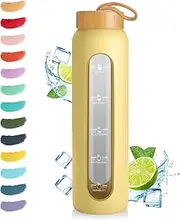 [Sursip] 32 oz Glass Water Bottle with Time Marker,1 Liter BPA-Free Reusable Motivational Water Bottle with Non-Slip Silicone Sleeve and Bamboo Lid, Ice Cube Tray, Leak-Proof, Dishwasher Safe