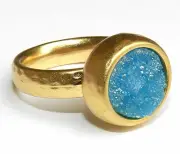 Hammered Yellow Gold 24K Plated Ring w Turquoise Druzy Agate Stone Size 8