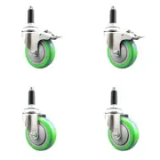 4 Inch 316SS Green Poly Swivel 7/8 Inch Expanding Stem Caster Set 2 Lock Brake