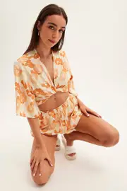 Orange Floral Bolero Top Tie Front Floral Print - Size 8, Women's Bolero