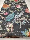 Unique Black Kantha Hand Block Print Elegant Handmade Bedspread Quilt King Size