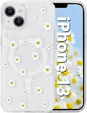 Tcaraersing for iPhone 13 6.1'' for Magnetic Clear Flower Case, Compatible with MagSafe, Floral Pattern Transparent Shockproof PC Back Soft TPU Slim Thin Cover for Girls Women - Daisy