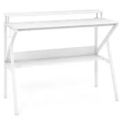 Costway Space Saving Computer Desk w/Monitor Stand Hook & Storage Shelf R-shaped Metal Frame Writing Table White