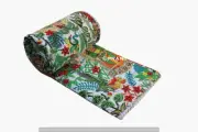 Queen White Floral Printed Summer Kantha Quilt Cotton Home Dorm D?cor Blanket
