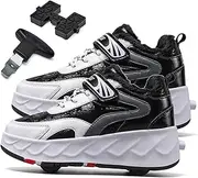 [AMMFIT] Boys and Girls Roller Skates Shoes with Double-Row Wheels Winter Warmth Sneakers Retractable Technical Skateboarding Shoes for Kids,Black-6BigKid