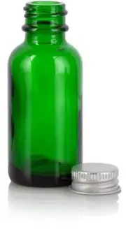 Green Glass Boston Round Screw Bottle with Silver Metal Cap - 1 oz / 30 ml