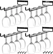Bar Wall Mounted Iron Single Row Wine Glass Holder 4 Pieces (Black)