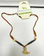 NWT Wolfs Claw Fossil Leather Cord Necklace With Wood And Glass Beads 20 Inches