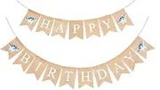 LOVENJOY Burlap Happy Birthday Banner Fabric for Birthday Party Decorations Rustic with 4 Little Dinosaurs, 16.4 Feet