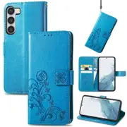 For Samsung Galaxy S23 Ultra Case Four-leaf Clover, Folio Wallet PU Leather Cover, Blue