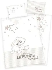 Reversible Baby Bed Linen with Little Favourite Person Motif Renforcé 100 x 135 cm + 40 x 60 cm + 1 Fitted Sheet 70 x 140 cm (with White, Renforcé) 3-Piece Set