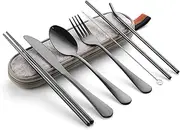 [Tongke] Cutlery Set, Reusable Stainless Steel Travel Cutlery Kit, Portable Flatware Set, Travel Camping Utensil Dinnerware Set with a Waterproof Case (8-Pieces Black)