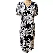 Hugo Boss Deala Sheath Dress SZ 8 Navy/White Floral Short Sleeve Lined Zip Back