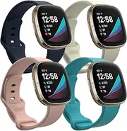 4 Pack Bands Compatible with Fitbit Versa 4/Fitbit Sense 2/Fitbit Versa 3/Fitbit Sense Bands, Waterproof Soft Silicone Sport Replacement Wrist Band for Versa 4/Sense 2/Versa 3/Sense Watch Women Men