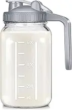 irjeen Glass Mason Jar Pitcher with Lid, 32oz Breast Milk Pitcher Leak Proof, Heavy Duty Wide Mouth Jar with Pour Spout Handle for Breastmilk, Water, Juice, Milk, Tea, Iced Coffee, 1 Pack