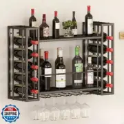 Woskar Wall Mount Wine Rack 2 Tier, Metal Liquor Shelves with Glass Holder, W