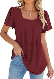 [Valtorixia] Women Eyelet Flowy Shirts Ruffle Short Sleeve Tunics Summer Square Neck Ruffle Sleeve Blouse T-Shirts