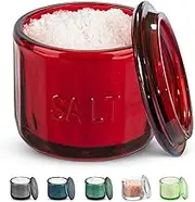 KooK Salt Cellar & Jar, Round Salt Container, Pressed Clear Glass, with Clear Lid, Embossed, 10 oz (Ruby)