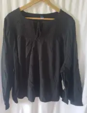 Old Navy Blouse Womens XXL Long Sleeve Smock Tie Peasant Cottagecore Black NWT