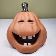Halloween Terra Cotta Pumpkin 8" Smiling with Glazed Teeth & Stem Made in Mexico
