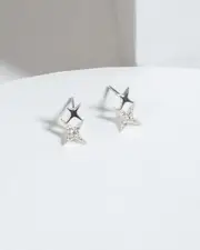Silver Cubic Zirconia Double Star Stud Earrings