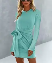 La Mode Womens Sky Blue Long Sleeve Crew Neck Bodycon Ruched Tie Mini Dress Sz L