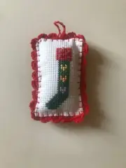finished completed cross stitch Ornament stocking on white crochet border S