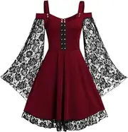 [Generic] Women Bell Sleeve Lace-up Dress Vintage Lace Party A-line Dresses
