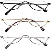KoKoBin Newly Upgraded Translucent Reading Glasses 3 Pairs of Half-Frame Metal Frame Glasses Spring Hinge Reader for Men and Women, Black. Gold. Silver 1.00