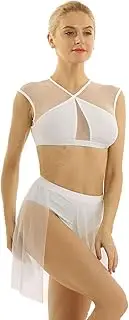 [TiaoBug] Women Adult Contemporary Lyrical Dance Crop Top with Mesh Overlay Skirt 2 Pieces Outfits
