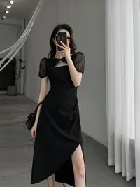 在飛比找樂天市場購物網優惠-黑色連身裙女夏復古氣質赫本風顯瘦過膝長裙