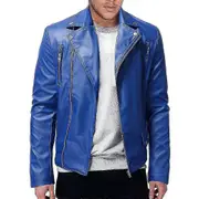 Rhafayre Men's Fashion Pu Leather Jacket Slim Fit Biker Motorcycle Jacket Bomber Zipper Outwear navy blue M
