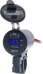 Motorcycle USB C Socket - Double Port Charger Socket | LED Voltmeter Display Motorbike Phone Charger | PD QC3.0 USB Charger Adapter for Motorcycles