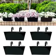 LalaGreen Hanging Planter for Rail - 4 Pack, 12 Inch Black Metal Rectangle Hanging Flower Pots Deck Rail Fence Bucket Modern Countryside Style Window Box Plant Holder with Hooks Outdoor Porch Decors