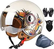3/4 Motorcycle Helmet, Retro Open-Face Half Helmet Adult Motorbike Moped Cruiser Helmets Men Women Scooter Helmet Vintage Style ECE Approved E,S=55-56M