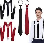 [JIEYUMAO] Mens Suspenders Ties Set, 2Pcs Clip on Tie and 2Pcs Solid Color Suspender, Men's Adjustable Elastic Suspenders Formal Neckties Tuxedo Suit Suspender Pre-Tied Neckties for Party Wedding