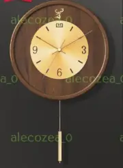 Wall clock walnut gold circle deer hibrid brass numerals silent pendulum #55