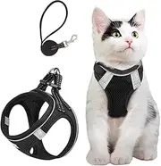 Cat Harness and Leash Set, Adjustable Kitten Harness, Escape Proof Training Leash with Reflective Strip, Breathable Lightweight Soft Mesh Harness, for Cats or dogs Walking Black Small