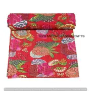 Indien 60" x 90" Twin Kantha Quilt Fruit Red Blanket Hippie Cotton Bedspread