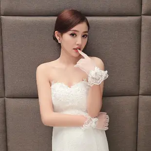 新娘手套蕾絲結婚紅白色長短款有指婚紗禮服拍照黑色網紗鏤空香檳