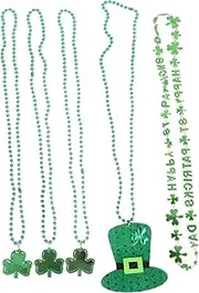 FELTECHELECTR 3pcs Saint Patrick's Day Shamrock Necklace Beads Clover Pendant Festive Jewelry for Celebrations and Parties