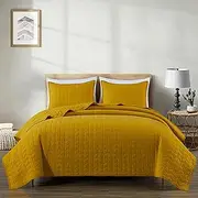 [Chezmoi Collection] Madrid 3-Piece Mustard Yellow Cotton Quilt Set King Size - Herringbone Quilted Lightweight Vintage Washed 100% Cotton Reversible Bedspread Set for All Season