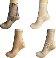 [XUNQUCOM] 4 Pairs Women Sheer Slouch Socks - Lace Tulle Socks Mesh Socks - Slouch Socks - Transparent Elegant Loose Socks Ankle High