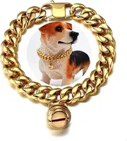AAAbling 18K Gold Cat Dog Collar Kitten Puppy 0.6inch 15mm Wide Stainless Steel Kitten Choker Curb Chew Proof Cuban Link Chain with Bell (Dog Neck 12"-14")