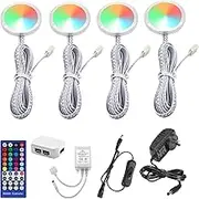 AIBOO RGBWW RGB + Warm White Color Changing Christmas Xmas Under Cabinet LED Lights Kit IR Remote Puck Lights for Kitchen Counter Shelf Furniture Ambiance Lighting (RGBWW, 4 Lights, 12W)